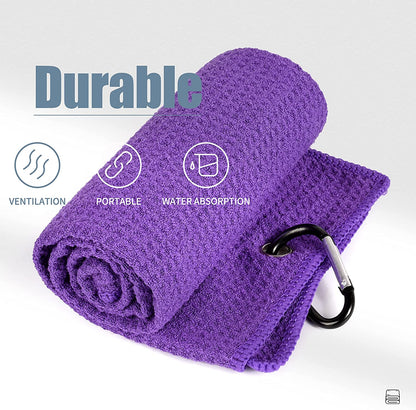 Tri-Fold Golf Towel | 16" X 24" | Premium Microfiber Fabric | Waffle Pattern | with Heavy Duty Carabiner Clip | for Men and Women (Purple)