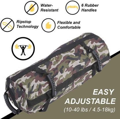 Workout Sandbag for Fitness 10 to 60 Lbs, Adjustable Military Sandbags, Training Weight Bags, Full Body Exercise Equipment with Filler Bag (Camouflage)