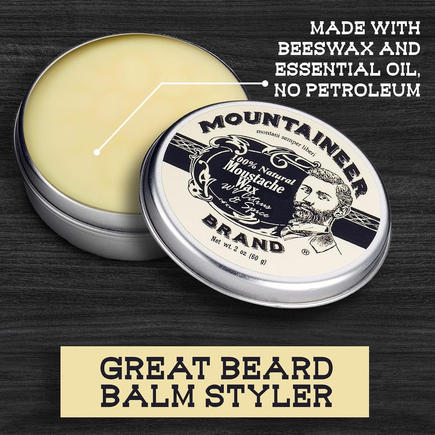 Mountaineer Brand Natural Mustache Wax | Citrus & Spice Scent | Made in West Virginia | Long Lasting Hold | Smooths, Conditons, Styles | Organic Moustache Balm | 2Oz