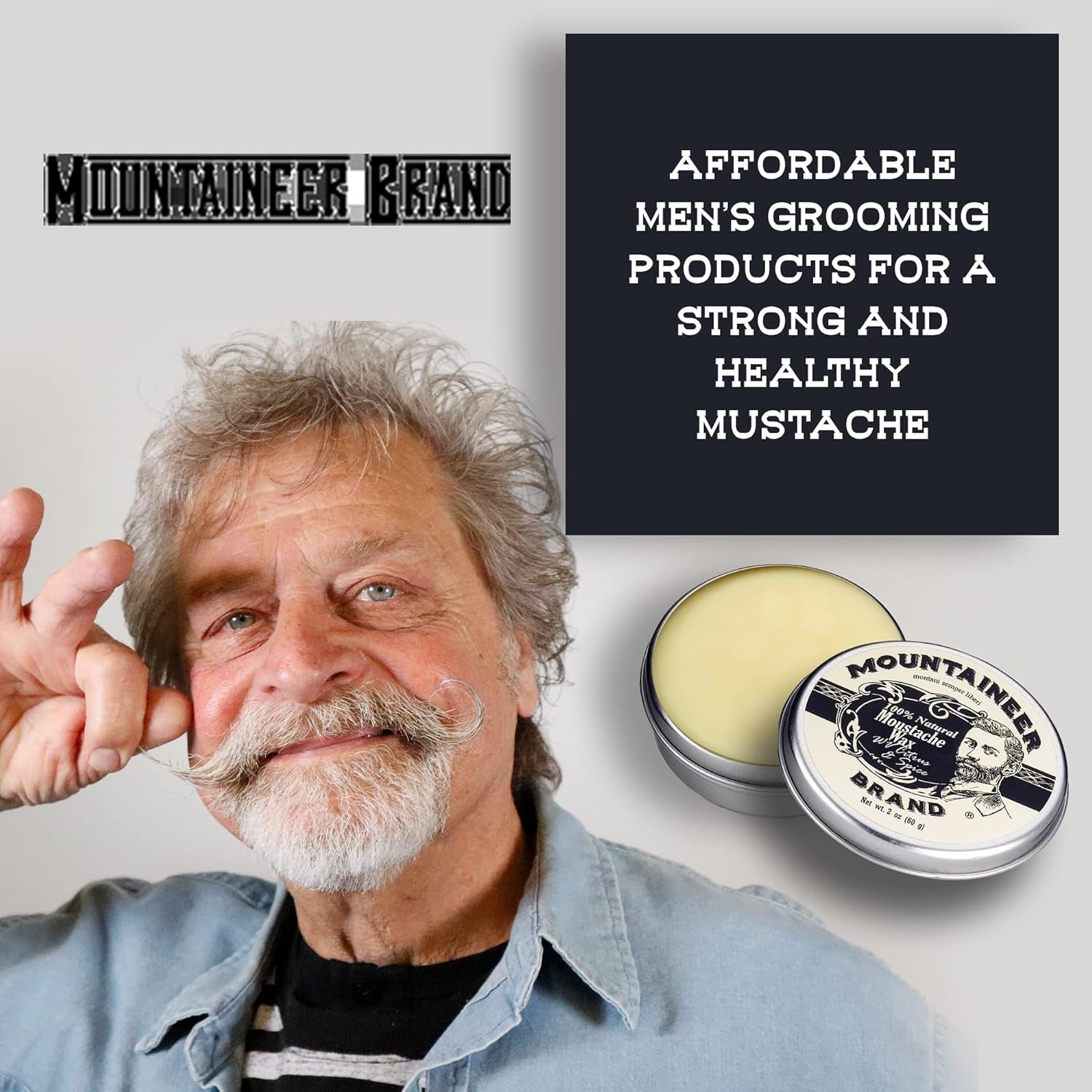 Mountaineer Brand Natural Mustache Wax | Citrus & Spice Scent | Made in West Virginia | Long Lasting Hold | Smooths, Conditons, Styles | Organic Moustache Balm | 2Oz