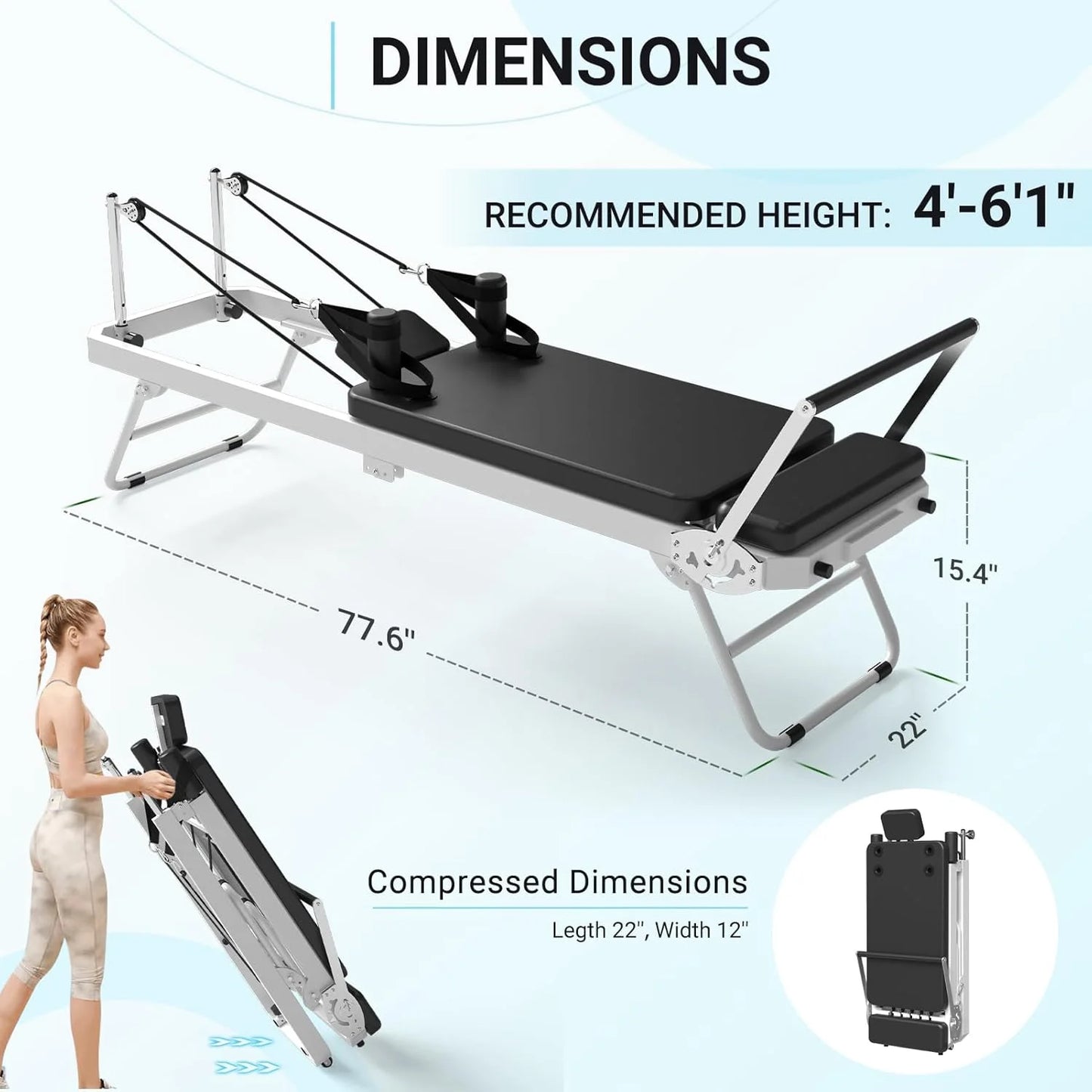 Foldable Pilates Reformer, Pilates Machine for Home Use, with Dual Resistance- Springs and Cords, Pilates Equipment for Home Workouts with Jump Board, up to 400 LBS
