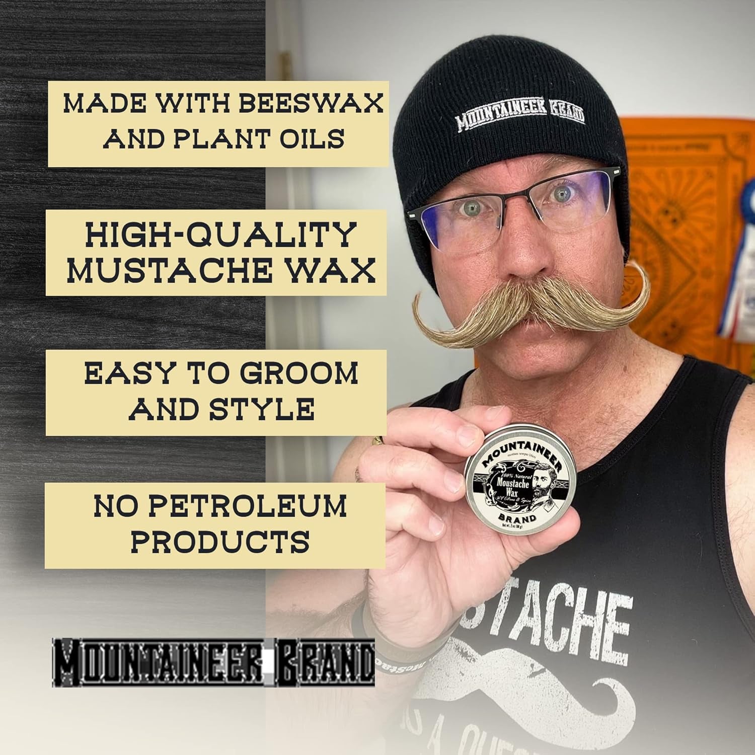 Mountaineer Brand Natural Mustache Wax | Citrus & Spice Scent | Made in West Virginia | Long Lasting Hold | Smooths, Conditons, Styles | Organic Moustache Balm | 2Oz