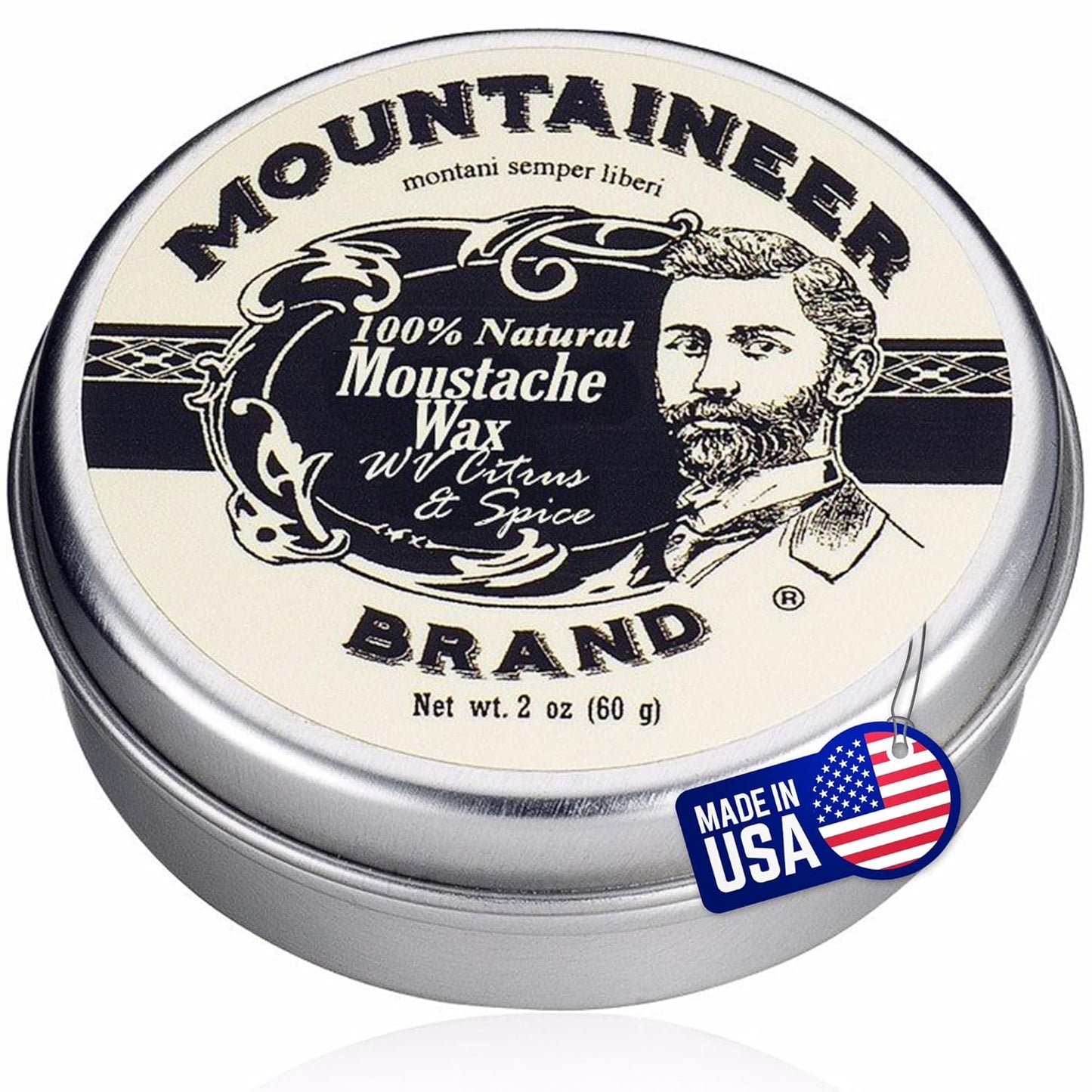 Mountaineer Brand Natural Mustache Wax | Citrus & Spice Scent | Made in West Virginia | Long Lasting Hold | Smooths, Conditons, Styles | Organic Moustache Balm | 2Oz