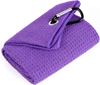 Tri-Fold Golf Towel | 16" X 24" | Premium Microfiber Fabric | Waffle Pattern | with Heavy Duty Carabiner Clip | for Men and Women (Purple)